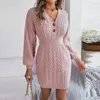 Casual Dresses Loose Knit Sweater Dress Autumn and Winter Women 'Button V-Neck Twists Full Lantern Sleeve Mini Hip Wrapped2024