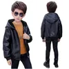 Jackets Winter PU Leather Jacket For Boy 2023 Korean Version Plus Velvet Thick Fashion Hooded Coat Handsome Casual Children's Clothing