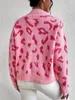 Women's Sweaters LW Pink Dropped Shoulder Animal Decor Sweater Crewneck Oversized Knit Pullover Tops Crochet Lightweight Casual Fall