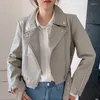Женская кожаная куртка весна-осень 2023, винтажная женская мягкая куртка из искусственной искусственной кожи с поясом, бежевая, серая, черная, тонкая мотоциклетная куртка, уличная одежда в стиле панк