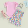 Set di abbigliamento Set di vestiti per bambina di Pasqua Stampa di lettere Manica corta Girocollo Pagliaccetto Uova colorate Pantaloni svasati Fascia per capelli 3 pezzi