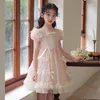 Vestidos de menina doce meninas vestido de princesa verão 2023 moda pequena lolita infantil cor sólida