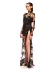 Casual Dresses 2023 Summer Women's Sexy Black Lace Perspective Petals Long Sleeve Bodycon Bandage Maxi Dress Elegant Celebrity Party