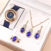 Wristwatches 5PCS Set Luxury Watch Women Ring Necklace Earring Rhinestone Fashion Wristwatch Casual Ladies Watches Clock