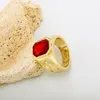 Bijoux Hip Hop ton or gravé pour hommes, bagues avec pierre de zircone cubique rubis rouge, taille 7-11, bague de fête à la mode