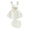 Kleidungssets Baby Mädchen Shorts Outfits Kleinkind Plüsch Langarm Knopfmantel und einfarbiges Set Kinder 2 Stück Fuzzy Anzüge