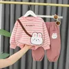 Clothing Sets 0-4-year-old spring and autumn baby cartoon bear long sleeve suit boys' striped sweater pants two-piece casual simple sportswear 231019