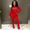 Women's Two Piece Pants Sexy See Through Lace Set Women Red O-Neck Long Sleeve Bodysuits Tops High Waist Flare Autumn Club Party Suits