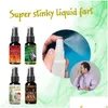 Andra festliga festförsörjningar 30 ml Super Stinky Liquid Fart fruktansvärt lukt Spray långvarig Halloween Prank Toy Adts Children Spoof o 18xp3