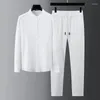 Men's Tracksuits Spring Summer Fashion Suit Men Long Sleeve Casual Shirts And Pant Striped Pleats Slim Handsome Two-piece Set