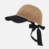 Ball Caps Ladies Versatile Temperament Japanese Crochet Straw Hat Contrast Bow Tie Cap Summer Adjustable Sun Baseball