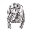 Women's Leather Spring Autumn Female Moto Biker Zipper Coat Outwear Streetwear Women Loose Silver Pu Faux Jacket With Belt