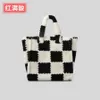 Winter plush black and white chessboard tote bag Women's leopard print large capacity handbag New woolen shoulder bag