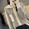 Women's Knits Autumn And Winter Pure Wool Cardigan POLO Neck Color Matching Cashmere Sweater Loose Knit Coat