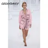 Pink Long Sweater Cardigans Runway Fashion V-Neck Long Sleeve Pocket Elegant Christmas Clothes With Sashes Knitted Outwear 210714341j
