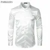 Chemise en Satin de soie blanche élégante hommes Chemise Homme décontracté à manches longues coupe cintrée chemises habillées pour hommes Chemise de mariage d'affaires 200925286e