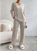 Women's Two Piece Pants 2023 Autumn Winter Loose Casual V Neck Pit Stripe Knitted Set Fashion Solid Long Sleeve Top Straight Tube Sets