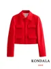 여자 정장 Kondala 세련된 빨간 자르기 재킷 4 플랩 포켓 칼라 버튼 클로저 블레이저 패션 2023 가을 세련된 여자 아웃복