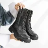 Luxuriöse Designer-Motorradstiefel mit Schnürung für Damen, Fleece, verdickter Halbstiefel, klassischer Winterstil, schwarze Mode-Persönlichkeitsstiefeletten