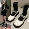 Boots British Style 2021 Autumn Black New Mary Jane Socks Fashion Low Heels Round Toe Mid-calf Rheinstones Women 231019