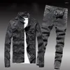 Herrspårar 2023 Autumn Winter Men jean set jacka tidvatten cowboy jeans kostym stilig kläder odla ens moral