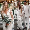 Vestidos de Novia de sirena de tul de manga larga, apliques de encaje floral con cuello en V, vestido de Novia blanco, vestidos de Novia con listones