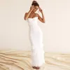 Vestidos casuais branco crochê halter vestido magro sexy sem mangas fenda francesa splice fishtail saia backless envoltório nádegas bainha festa longa