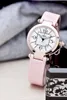 Armbanduhren Lady Damen Quarzuhr Diamant Rosa Schwarz Leder