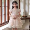 Vestidos de menina doce meninas vestido de princesa verão 2023 moda pequena lolita infantil cor sólida