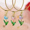 Charme pulseiras elegante tulipa flor pingente pulseira para mulheres vintage esmalte lagosta fecho de cobre corrente colar tornozeleira jóias de casamento