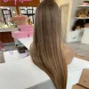 ペルーの髪のライトブラウンブロンドフルレースフロントヒューマンヘアウィッグハイライトHDレース前面ウィッグ180％安いバージンヘアシルキーストレートウィッグ