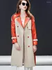 Veste en cuir à panneaux de couleur pour femme, manteau Long véritable de haute qualité, pour le bureau, Double boutonnage, mouton, automne 2023