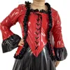 Kvinnors jackor Glossy PVC Leather Ruffles flare Sleeve Swallow-Tailed Lace-up Vintage Royal Style Topps Bankettklänning Luxurisk dräkt