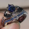 Vecalon Lovers Blue Birthstone claddagh ring 5A Zirkoon Cz Wit goud gevuld Engagement trouwring ring Set voor vrouwen mannen Gift299d