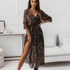 Casual Dresses Women Floral Print Long Dress Retro Sexy Boho Deep V-neck Half Sleeve Ladies Side Splits Big Hem Maxi Femme Robe212A