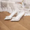 Robe chaussures blanc pompes mariage français mariée principale fête satin tissu perle bowknot élégant sexy slip-on pinté orteil