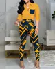 Damen Zweiteiliges Hosen-Set für Damen-Outfit 2023 Herbst-Geometrie-Marmordruck-Colorblock-Roll-Up-Hülsen-Shirt-bedruckter dünner Anzug