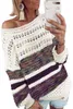 Women's Sweaters Blue/Purple/Brown Loose Openwork Round Neck Sweater Women Fashion Casual Colorful Striped Comfy Pullover S-2XL