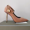 Designers skor för kvinnors denim klänning sandaler metalllås dekorera spänne spetsiga tår pumpar toppkvalitet 100% kohud guld klackar 10,5 cm hög klackade fabrikskor 35-42