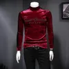 Men's T-Shirts Luxury Turtleneck Embroidery Velvet Men T Shirt Club Outfit Vintage Slim Fit Long Sleeve HommeMen's2466