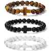 Strand Fashion Jesus Cross Bracelet en pierre naturelle 8mm rond œil de tigre Turquoises Agates perles Bracelets à breloques femmes hommes bijoux cadeau