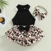 Set di abbigliamento 0-24M Neonate Set di vestiti estivi Infantile senza maniche Collo a lupetto Top a costine Pantaloncini leopardati con volant Fascia Abiti per bambini