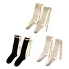 Women Socks Soft Knee High Lovely Lolitas Ruffle Bow Bandage Calf JK Students Girls Stockings Solid Color Hosiery