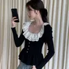 Damestruien Koreaanse herfst Dames luxe gebreide trui Zoete kanten rand Vierkante kraag Single Breasted Pullover Knitwear Retro Elegant Pull