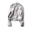 Women's Leather Spring Autumn Female Moto Biker Zipper Coat Outwear Streetwear Women Loose Silver Pu Faux Jacket With Belt