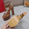 Fashion Platform Heel Sandals Women Classic Rivet Decoration Leather Fine Strap Buckle Square Toe Luxury Designer shoes 15.5cm Ultra High Heel Dress Shoes