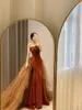 Runway Dresses Luxury Caramel Evening Dress Strapless Mermaid Pleated Satin Bow Detachable Train Lace Up Prom Gowns Toasting Clothing