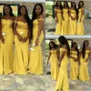 2023 Bezaubernde Brautjungfernkleider aus gelber Spitze mit Flügelärmeln, Meerjungfrau, Satin, bodenlang, schlichte formelle Brautjungfernkleider