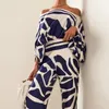 Women's Two Piece Pants Elegant Women Satin Chic 2-piece Sets Fashion Half Sleeve Off Shoulder Tops and Wide Leg Pants Suits Casual Loose Print Outfits 231019
