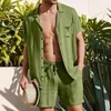 Survêtements pour hommes Mens coton lin à manches courtes col rabattu chemise hauts shorts pantalons ensemble été costume décontracté vêtements pour 2023